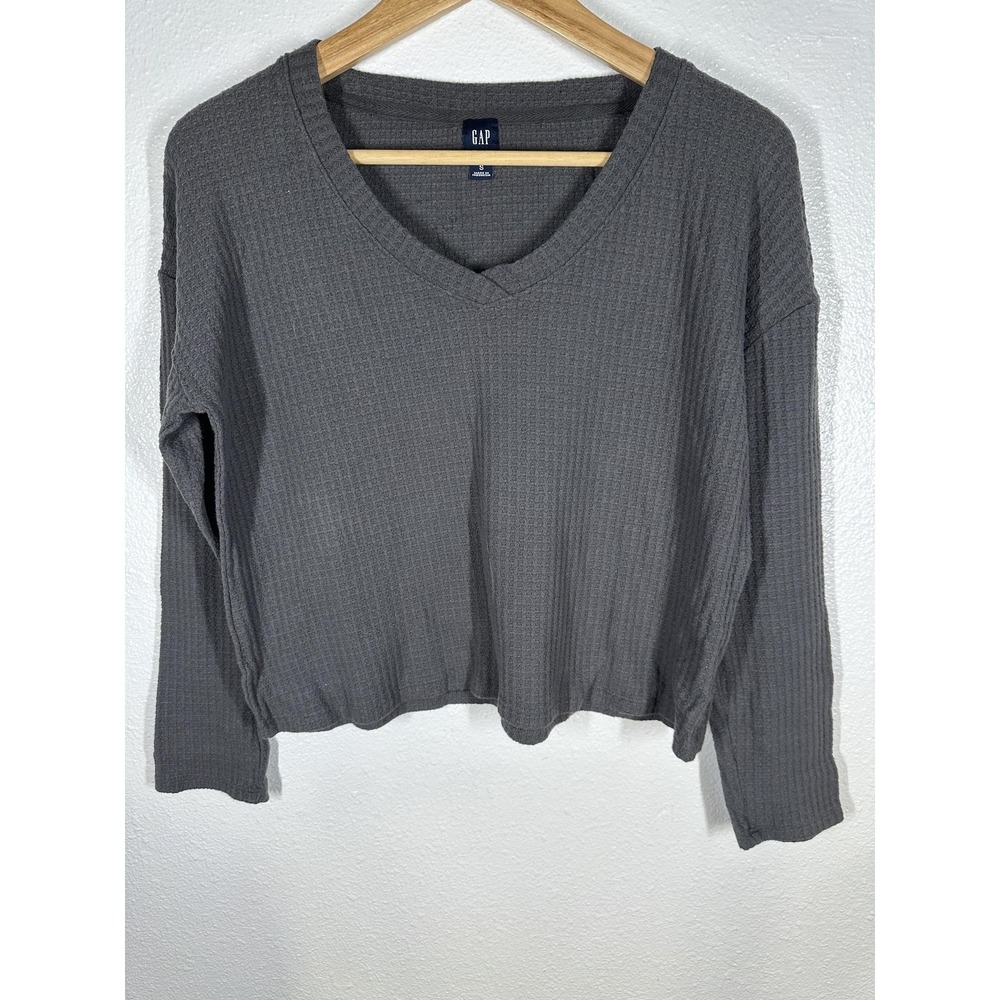 GAP Sweater Womens Small Gray Waffle Knit V-Neck Cropped Long Sleeve Thermal